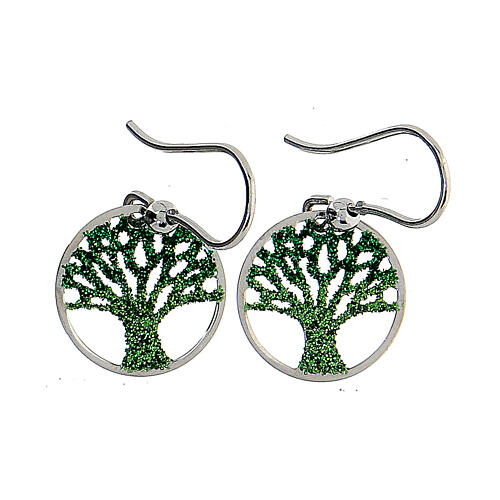 Ohrringe aus 925er Silber Baum des Lebens mit grünen Diamanten 1
