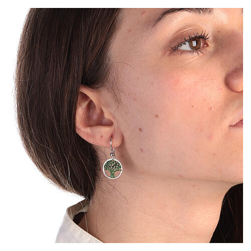 Boucles d'oreilles diamantées vertes argent Arbre de la Vie 2
