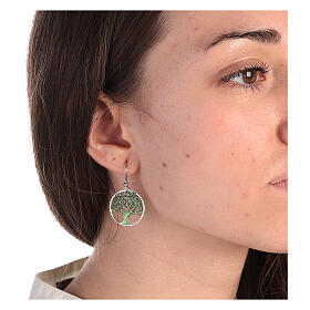 Earrings with green diamond Tree of Life medal, 925 silver