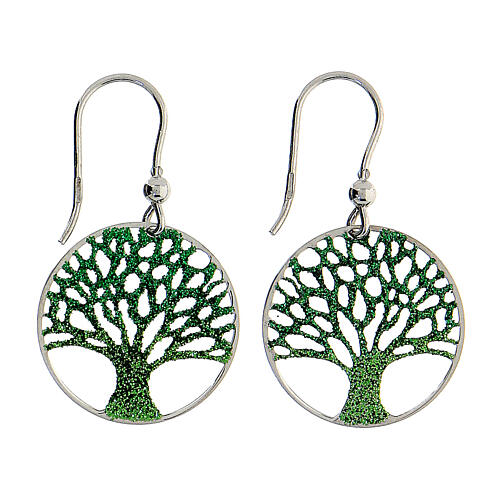 Earrings with green diamond Tree of Life medal, 925 silver 1