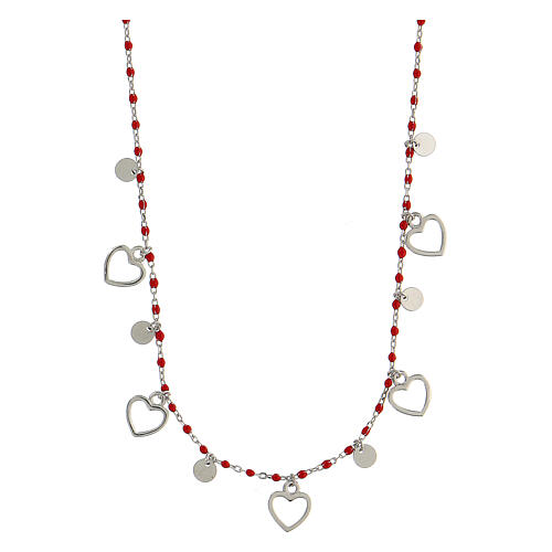 Necklace with hearts and red beads, 925 silver, 44 cm 1