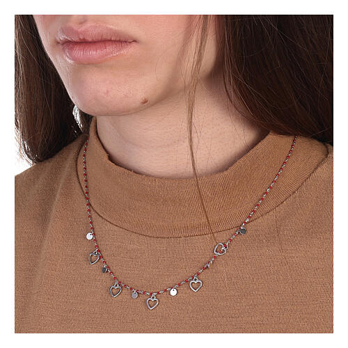 Necklace with hearts and red beads, 925 silver, 44 cm 2