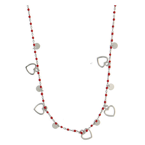 Necklace with hearts and red beads, 925 silver, 44 cm 3