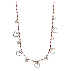 925 silver hearts necklace with red beads 44 cm