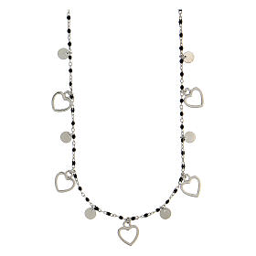 Necklace with hearts and black beads, 925 silver, 44 cm