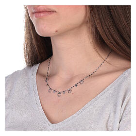 Necklace with hearts and black beads, 925 silver, 44 cm
