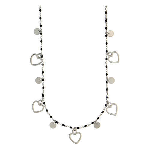 Necklace with hearts and black beads, 925 silver, 44 cm 1