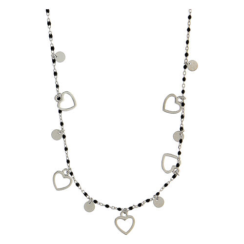 Collar corazones granos negros 1 mm plata 925 3