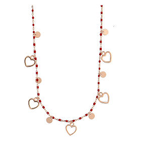 Necklace with hearts and red beads, rosé 925 silver