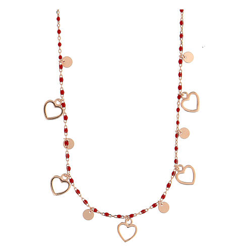 Necklace with hearts and red beads, rosé 925 silver 1