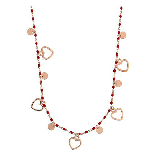 Collar plata 925 rosada corazones granos rojos 1 mm 3