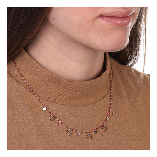 Necklace in 925 rosé silver hearts red beads1 mm 2