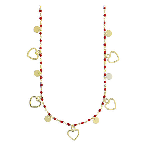 Necklace with hearts and beads of 1 mm, gold plated 925 silver 1