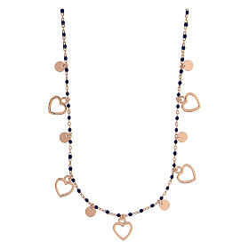 Necklace with blue beads of 1 mm and heart-shaped medals, rosé 925 silver