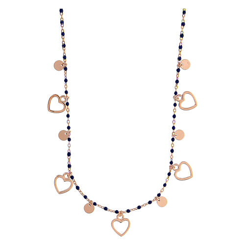 Necklace with blue beads of 1 mm and heart-shaped medals, rosé 925 silver 1