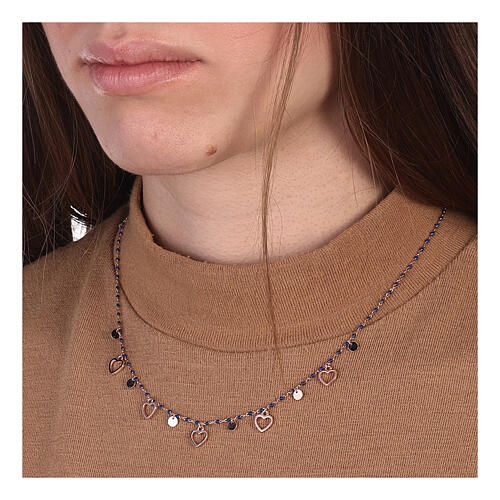 Necklace with blue beads of 1 mm and heart-shaped medals, rosé 925 silver 2