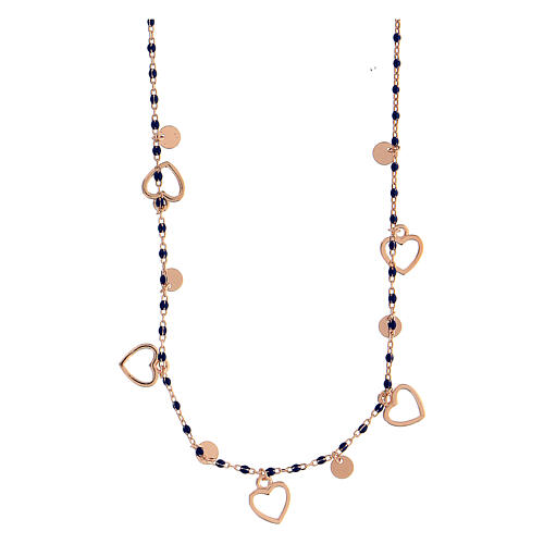 Necklace with blue beads of 1 mm and heart-shaped medals, rosé 925 silver 3