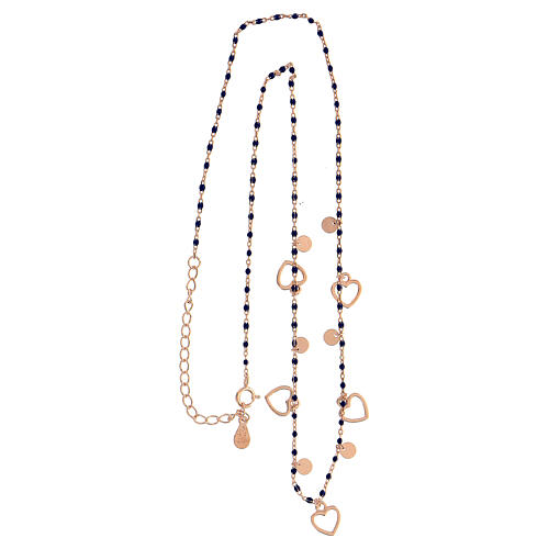 Necklace with blue beads of 1 mm and heart-shaped medals, rosé 925 silver 5