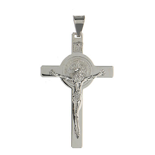 Kreuz-Anhänger aus rhodiniertem 925 Silber mit Sankt Benedikt, 6 x 2,5 cm 1