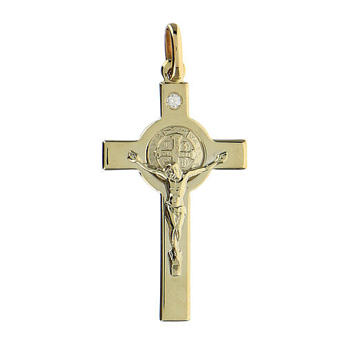 Pendentif crucifix Saint Benoît or 14K avec diamant 3,5x2 cm 3,64 g 1