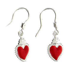 Votive heart earrings red enameled silver 925, medium