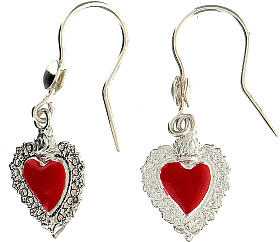 Earrings with red enamelled ex-voto heart, decorated frame, 925 silver