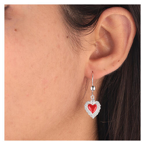 Earrings with red enamelled ex-voto heart, decorated frame, 925 silver 2