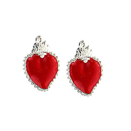 Stud earrings with small red enamelled ex-voto heart, 925 silver 1