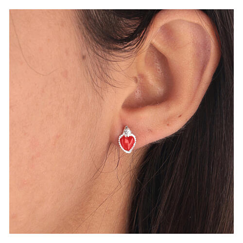 Stud earrings with small red enamelled ex-voto heart, 925 silver 2