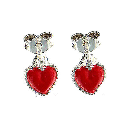Stud earrings with small red enamelled ex-voto heart, 925 silver 3
