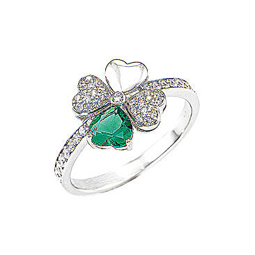 Amen ring with four-leaf clover, 925 silver, white and green zircons 1