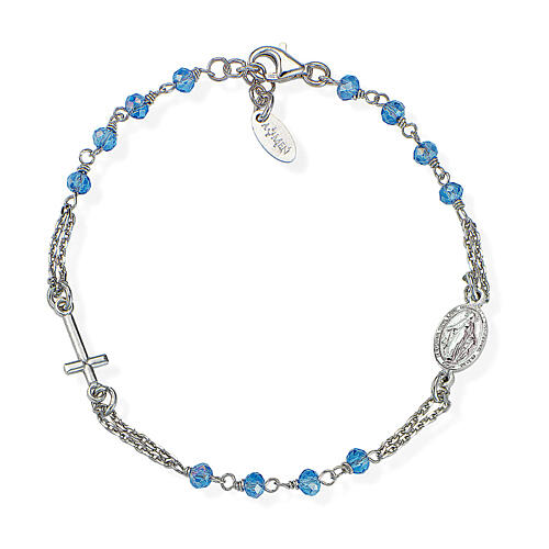 AMEN-Armband aus Silber mit himmelblauen Perlen, Kruzifix und Medaille der wundertätigen Madonna 1