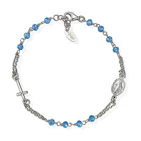 Amen bracelet with light blue beads, crucifix and Miraculous Medal, 925 silver
