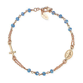 Rosè AMEN-Armband mit himmelblauen Kristallperlen, Kruzifix und Medaille der wundertätigen Madonna