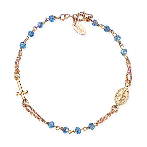 Rosè AMEN-Armband mit himmelblauen Kristallperlen, Kruzifix und Medaille der wundertätigen Madonna 1