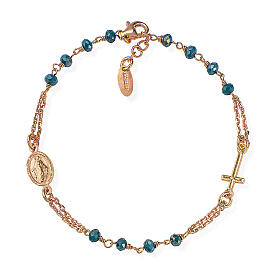 Amen coppery bracelet with blue beads, crucifix and Miraculous Medal, 925 silver