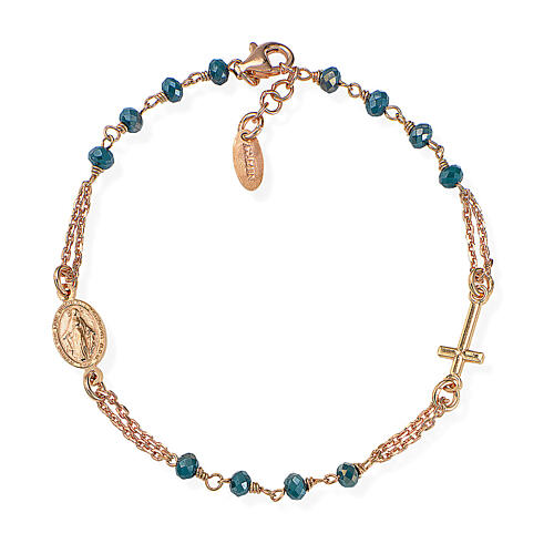 Amen coppery bracelet with blue beads, crucifix and Miraculous Medal, 925 silver 1