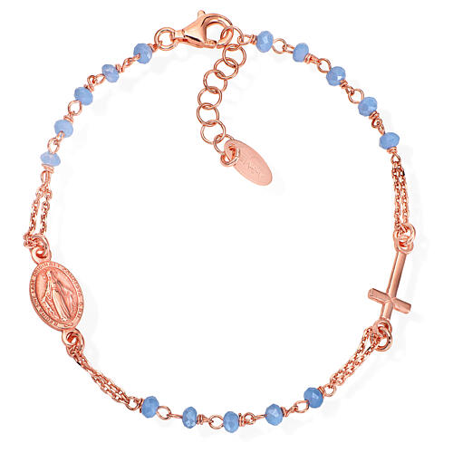Amen coppery bracelet with sky blue beads, crucifix and Miraculous Medal, 925 silver 1