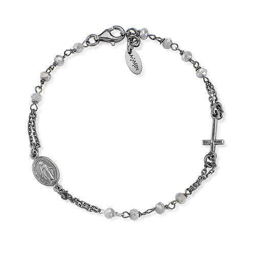 Amen bracelet with white beads, crucifix and Miraculous Medal, 925 silver in antique finish 1