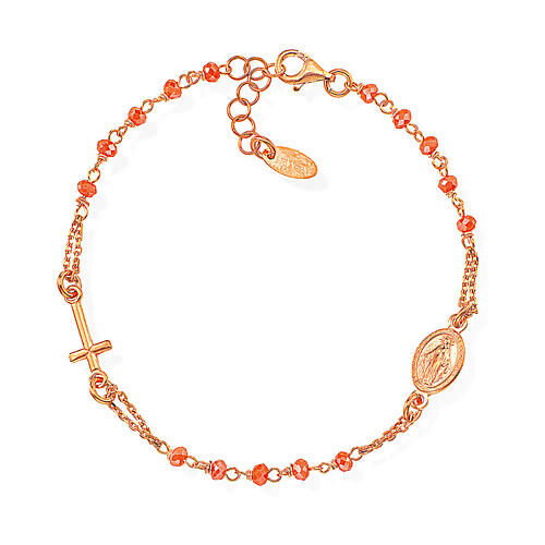 Amen coppery bracelet with peach crystal beads, crucifix and Miraculous Medal, 925 silver 1