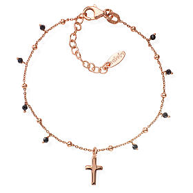 Rosè AMEN-Armband mit Kruzifix-Anhänger und schwarzen Kristallperlen