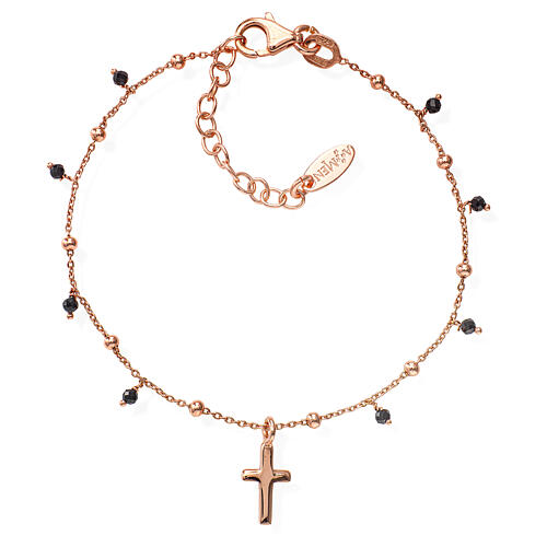 Amen bracelet with crucifix, coppery finished 925 silver and black beads 1