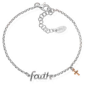 Bransoletka Amen ze srebra z napisem faith i różowym krucyfiksem