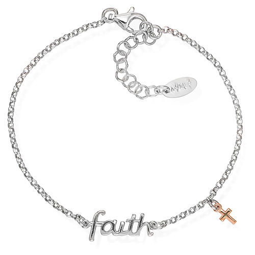 Bransoletka Amen ze srebra z napisem faith i różowym krucyfiksem 1