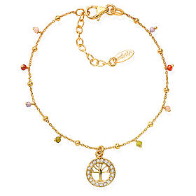Amen bracelet with tree of life, gold plated 925 silver and multicoloured beads