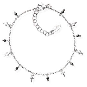 Amen bracelet with crucifix charms and black beads, 925 silver