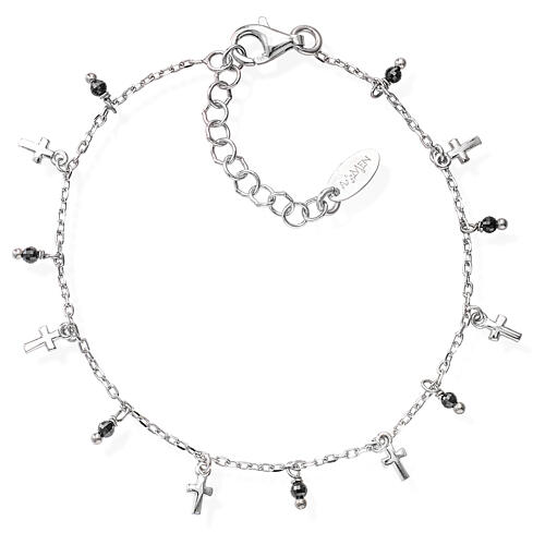 Amen bracelet with crucifix charms and black beads, 925 silver 1