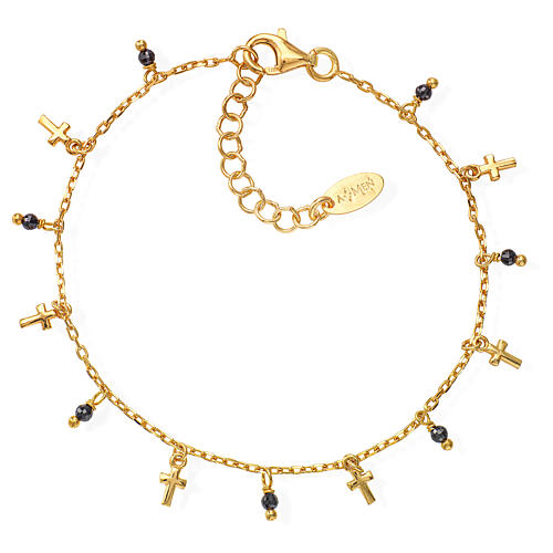 Vergoldetes AMEN-Armband mit Kruzifix-Anhängern und schwarzen Perlen 1