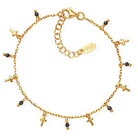 Amen bracelet with crucifix charms and black beads, gold plated 925 silver