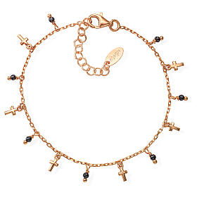 Amen bracelet with crucifix charms and black beads, coppery finished 925 silver